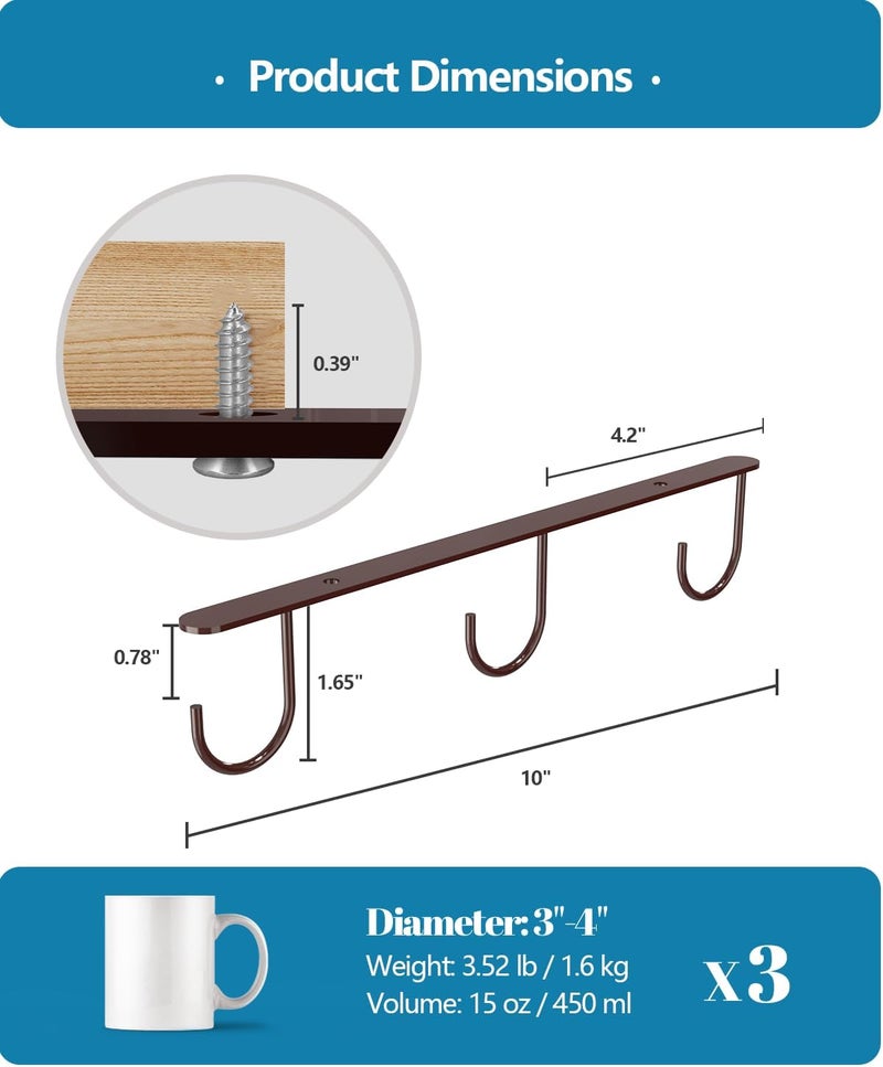 Luckinow 3 Pack Mug Hooks Under Cabinet, Coffee Mug Holder for Hanging Under Shelf, Cup Hanger with 9 Hooks for Displaying Mugs, Coffee Cups and Kitchen Utensils, Brown - Image 5